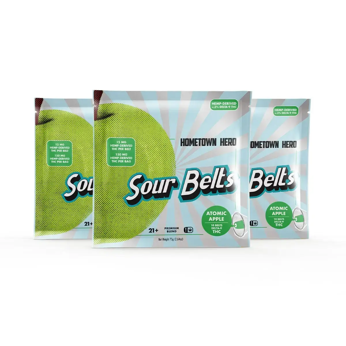 3 packs of Atomic Apple Sour Belts